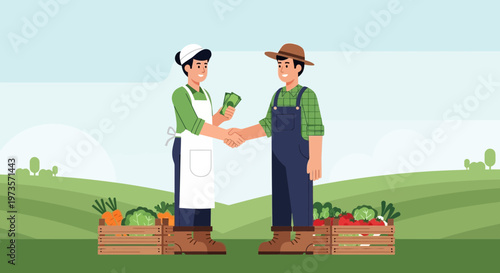 Farmers shaking hands with money and fresh produce in crates, agriculture business deal.