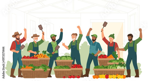 Farmers protesting with fresh produce, advocating for fair prices and rights