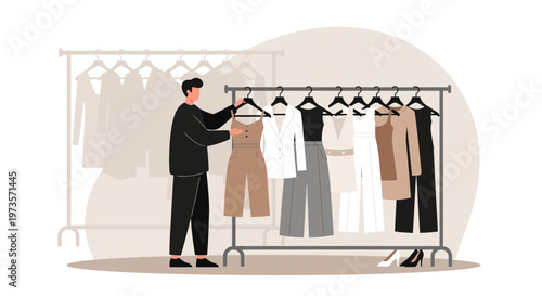 Fashion stylist arranging clothes on a rack, selecting outfits for a client, style inspiration