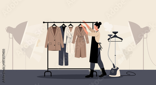 Fashion stylist arranging clothes on rack with garment steamer and studio lights