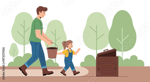 Father and daughter composting organic waste in a garden bin, sustainable lifestyle
