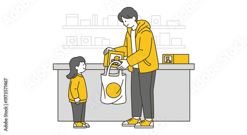 Father and daughter shopping, putting groceries in a reusable bag at checkout.