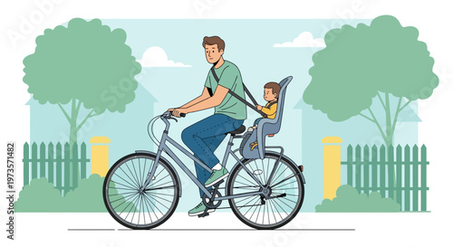 Father riding bicycle with child in rear seat, enjoying outdoor family activity