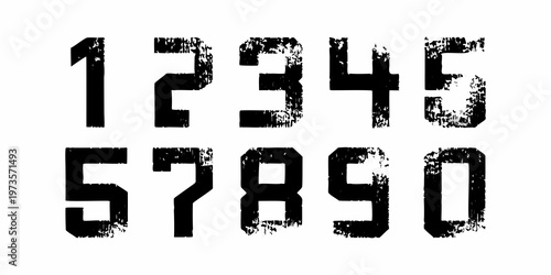 Distressed numerical characters from one to zero arranged in two rows