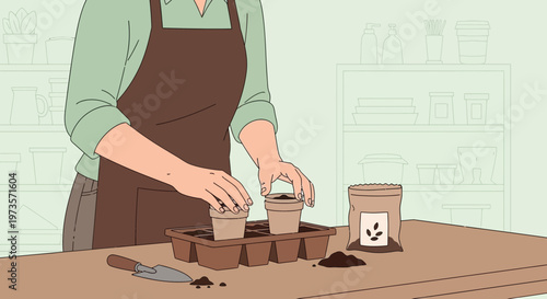 Gardener planting seeds in small pots, preparing for spring gardening