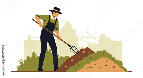 Gardener turning compost pile with pitchfork, preparing soil for planting