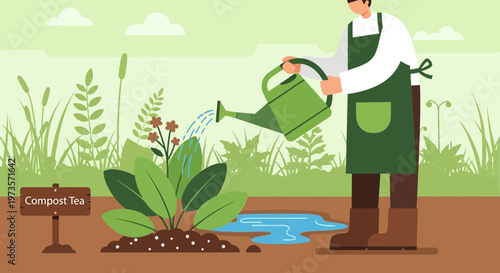 Gardener watering plant with compost tea, organic gardening, healthy soil, sustainable farming