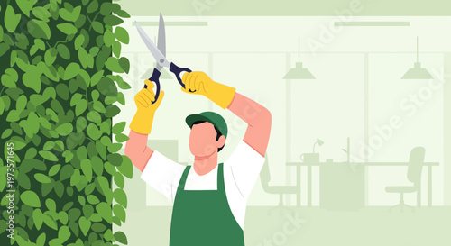 Gardener trimming green hedge with scissors, indoor office background