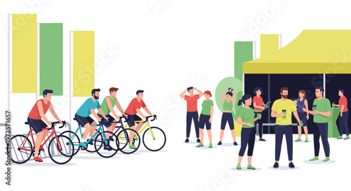 Group of cyclists preparing for race near event tent with spectators