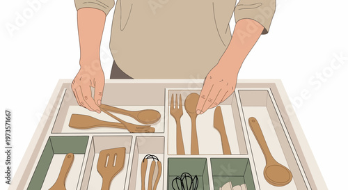 Hands organizing wooden cutlery in kitchen drawer organizer, tidying up kitchenware