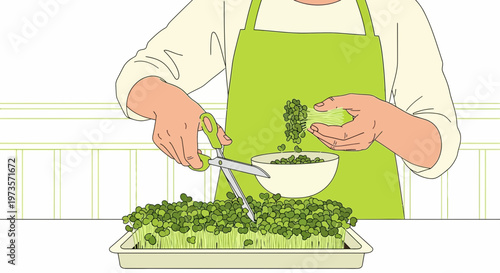 Harvesting fresh microgreens with scissors from a tray, healthy food preparation