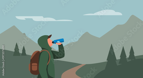 Hiker drinks water on mountain trail, scenic landscape, adventure, travel, nature