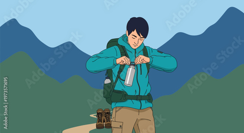 Hiker opening water bottle on mountain trail with backpack and boots