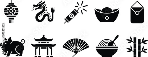 Chinese culture icons, lantern symbol, dragon art, firecracker design, gold ingot, red envelope, pig silhouette, pagoda building, hand fan, bamboo illustration