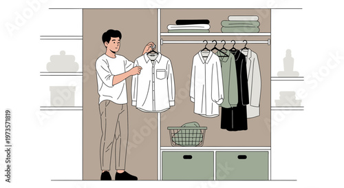 Man choosing clothes from organized closet, wardrobe with shirts and storage