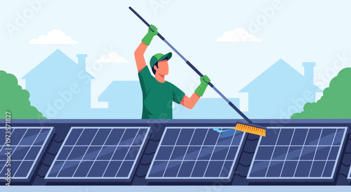 Man Cleaning Solar Panels on Rooftop for Renewable Energy Production