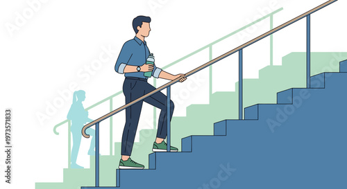 Man climbing stairs with coffee, symbolizing career growth and healthy lifestyle