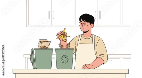 Man composting banana peel in kitchen, recycling and sustainability concept