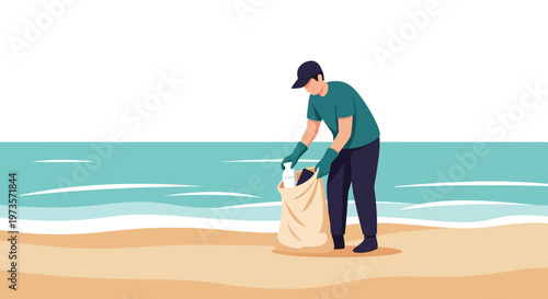 Man collecting trash on beach, environmental protection, cleaning the coast