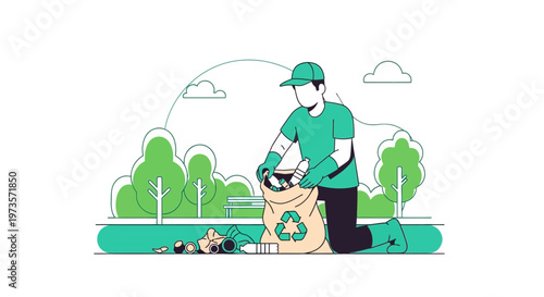 Man collecting trash in park for recycling, environmental protection concept