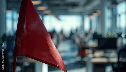 Red Flag Symbolizing Warning or Danger in Modern Office Environment.