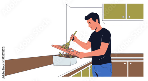 Man cooking in kitchen, preparing food on cutting board, healthy lifestyle, home cooking