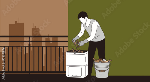 Man composting organic waste on balcony with city view, sustainable living concept