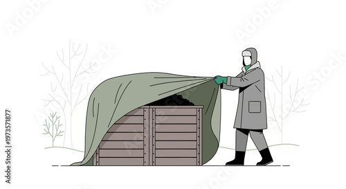 Man Covers Wooden Box With Tarp in Snowy Winter Landscape