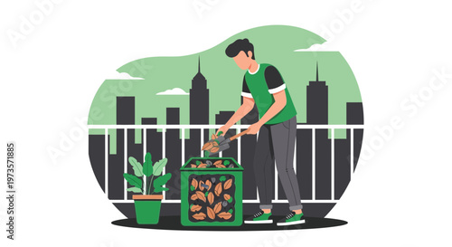 Man composting organic waste on a balcony with city skyline background