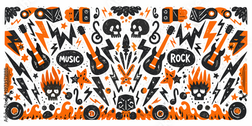 A vibrant hand drawn collection of rock and roll themed illustrations