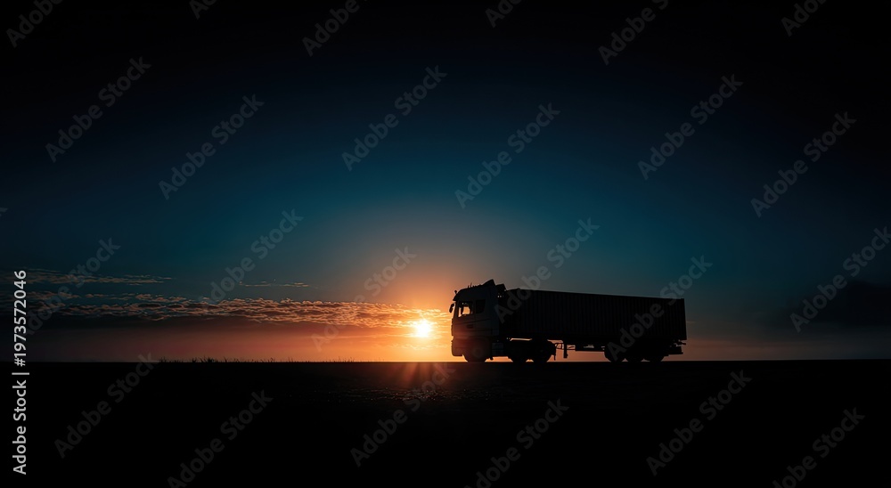 Fototapeta premium Silhouette of a Semi-Truck Driving Towards a Vibrant Sunset on a Desert Highway.