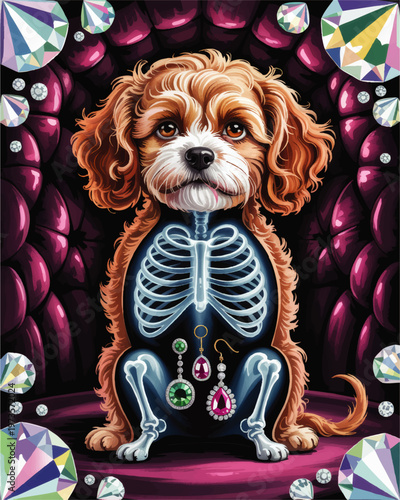Cute dog x ray with skeleton and colorful jewelry in stomach, whimsical veterinary illustration with sparkling diamonds and gems