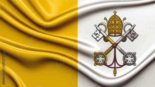 Realistic Vatican City flag illustration with silk fabric texture, yellow and transparent vertical stripes and papal keys emblem