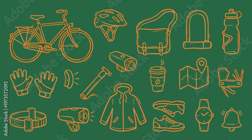 Cycling gear and accessories collection for outdoor adventure and urban commuting on a green background