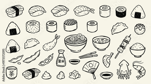 Hand drawn doodle illustration of japanese food and drinks collection with sushi rolls and seafood a perfect set for culinary themes