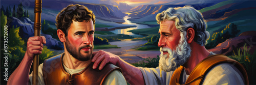 Biblical mentoring scene of wise elder guiding young man at sunrise, vivid landscape river valley, faith leadership illustration