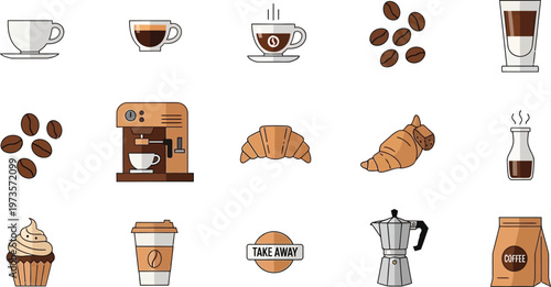 Coffee Collection Icon: A visually pleasing collection of coffee-related icons, including espresso, coffee beans, a croissant, and coffee to-go, perfect for any cafe or food-related project.