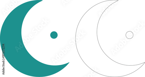 A teal crescent moon with a dot next to a black outline crescent moon with a dot