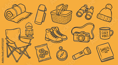 Outdoor adventure gear collection for camping and hiking including a folding chair, sleeping bag, thermos, binoculars, boots, camera, and compass