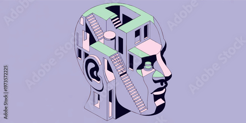 Surreal human head maze illustration with pastel stairs and geometric brain architecture on minimal purple background