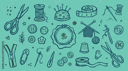 Hand drawn sewing and craft supplies collection on teal background with scissors buttons thread needle and knitting tools