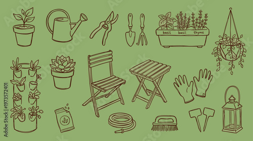 Gardening tools and plants illustration for outdoor activities and home garden care with decorative elements