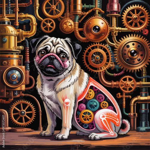 Steampunk pug illustration with mechanical gears, robot dog anatomy and vibrant cyberpunk clockwork on black industrial background