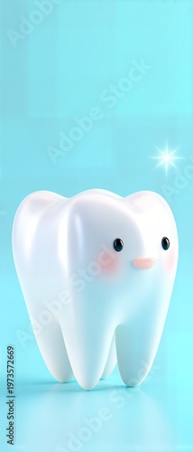 Animated Tooth Character: A charming cartoon tooth, emanating a sense of health and well-being, smiles brightly against a clean, soothing background.