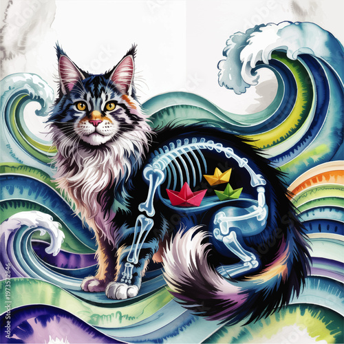 Colorful surreal cat with x ray skeleton and paper boats on abstract ocean waves fantasy watercolor illustration