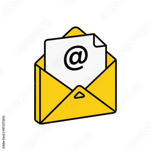 A yellow envelope opens to reveal a letter with an at symbol.