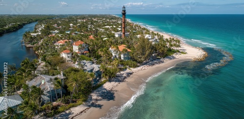 Aerial view of the iconic Hillsboro Lighthouse and surrounding coastal community with turquoise ocean waters.