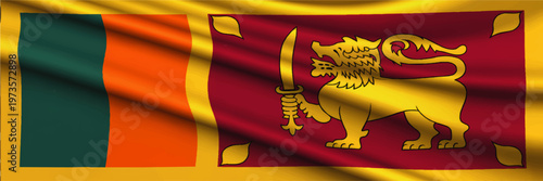 Sri Lanka national flag illustration with golden lion and sword on maroon field, textured patriotic banner background