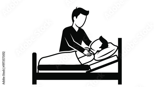 Black and white illustration of a loving parent or caregiver gently tucking a child into bed, offering comfort and security at night.