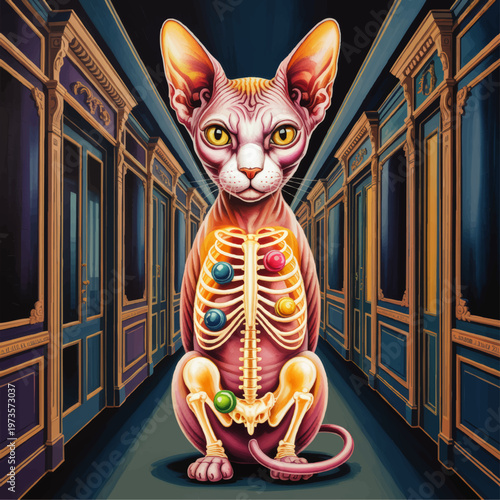 Surreal sphynx cat anatomy illustration with colorful chakra orbs in ribcage, mystical hallway corridor, fantasy spiritual art
